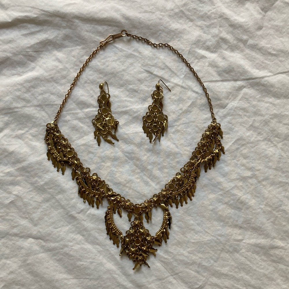 Gold Tone Chandelier Earrings and Necklace